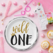 ワイルドワンブラック+金ゴールド写真1歳の誕生日 ペーパープレート (パーティー)