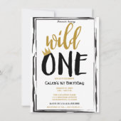 ワイルドワンブラック+金ゴールド写真1歳の誕生日 招待状 (正面)