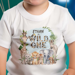 ワイルドワンブルージャングルアニマルズ1st誕生日 ベビーTシャツ