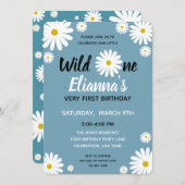 ワイルドワンブルーデイジーフラワーガール誕生日 招待状 (正面/裏面)