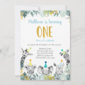 ワイルドワンブルー金ゴールドパーティー動物誕生日の探索 招待状 (正面)