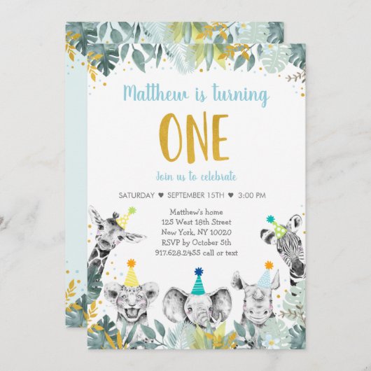 ワイルドワンブルー金ゴールドパーティー動物誕生日の探索 招待状 (正面/裏面)