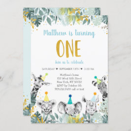 ワイルドワンブルー金ゴールドパーティー動物誕生日の探索 招待状