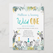 ワイルドワンブルー金ゴールドパーティー動物誕生日 招待状 (正面)