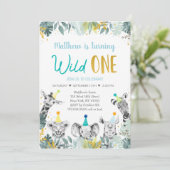 ワイルドワンブルー金ゴールドパーティー動物誕生日 招待状 (スタンド正面)