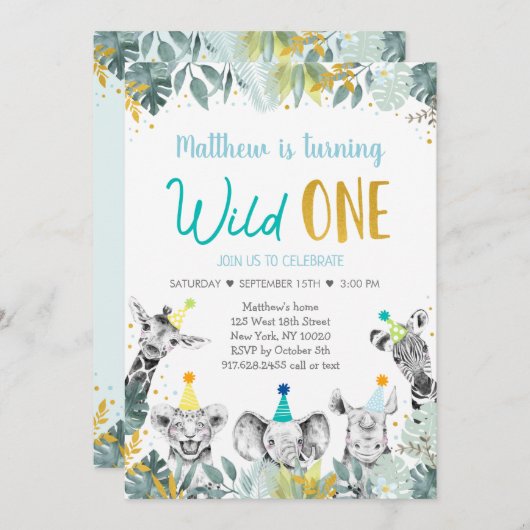 ワイルドワンブルー金ゴールドパーティー動物誕生日 招待状 (正面/裏面)