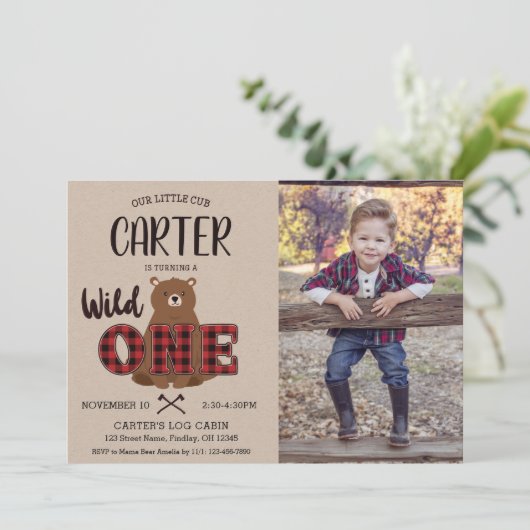 ワイルドワンプレイドベアフォトバースデーパーティー 招待状 (スタンド正面)
