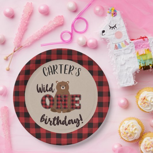 ワイルドワンプレイドベアーバースデーパーティー ペーパープレート (パーティー)