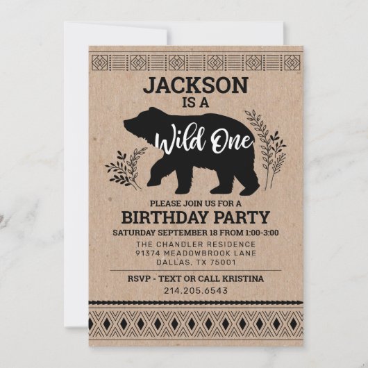 ワイルドワンベアファースト誕生日招待状 招待状 (正面)
