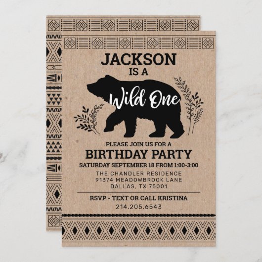ワイルドワンベアファースト誕生日招待状 招待状 (正面/裏面)