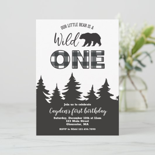 ワイルドワンベアーバッファロープレイドファースト誕生日インビタット 招待状 (スタンド正面)