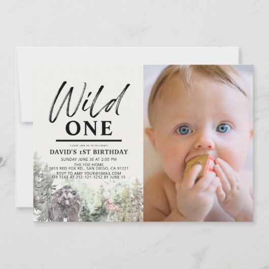 ワイルドワンベアーフォレスト山1st誕生日の写真 招待状 (正面)