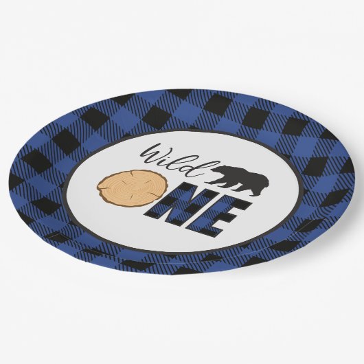 ワイルドワンベアーブルーバッファロープレイドファースト誕生日 ペーパープレート (アングル)