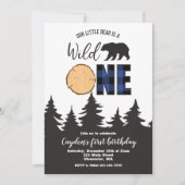 ワイルドワンベアーブルーバッファロープレイドファースト誕生日 招待状 (正面)