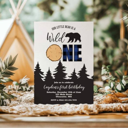 ワイルドワンベアーブルーバッファロープレイドファースト誕生日 招待状
