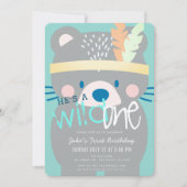 ワイルドワンベアーボーイティール(緑がかった色)1st誕生日 招待状 (正面)