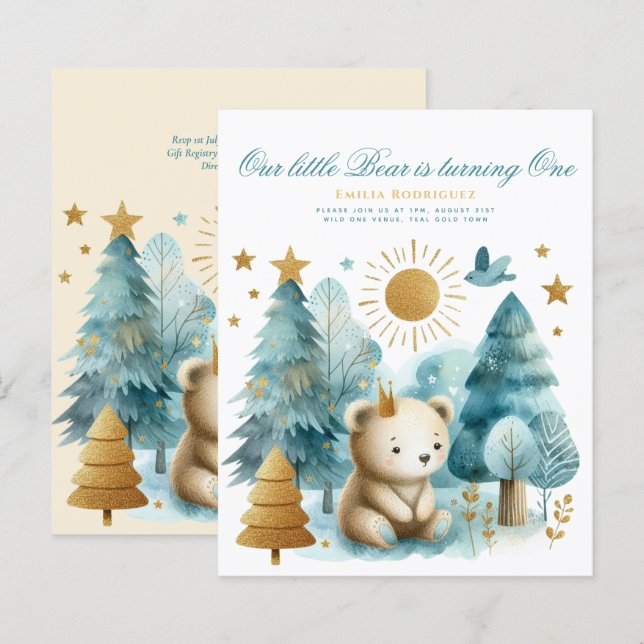 ワイルドワンベア1st誕生日（またはEDIT AGE）ティール（緑がかった色）金ゴールド (正面/裏面)