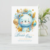 ワイルドワンベア1st誕生日（またはEDIT AGE）ティール（緑がかった色）金ゴールド 招待状 (スタンド正面)