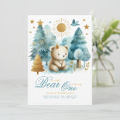 ワイルドワンベア1st誕生日（またはEDIT AGE）ティール（緑がかった色）金ゴールド 招待状 (スタンド正面)