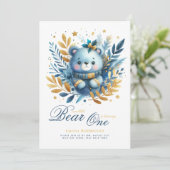 ワイルドワンベア1st誕生日（またはEDIT AGE）ティール（緑がかった色）金ゴールド 招待状 (スタンド正面)