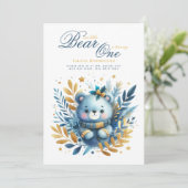 ワイルドワンベア1st誕生日(またはEDIT AGE)ティール(緑がかった色)金ゴールド 招待状 (スタンド正面)