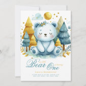 ワイルドワンベア1st誕生日（またはEDIT AGE）ティール（緑がかった色）金ゴールド 招待状 (正面)