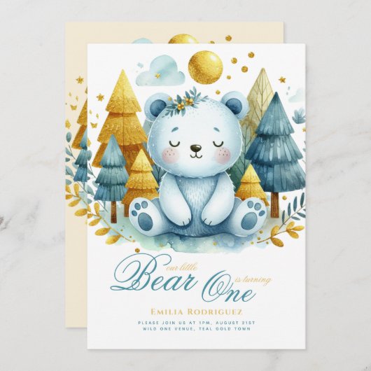 ワイルドワンベア1st誕生日（またはEDIT AGE）ティール（緑がかった色）金ゴールド 招待状 (正面/裏面)