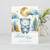 ワイルドワンベア1st誕生日（またはEDIT AGE）ティール（緑がかった色）金ゴールド 招待状 (スタンド正面)
