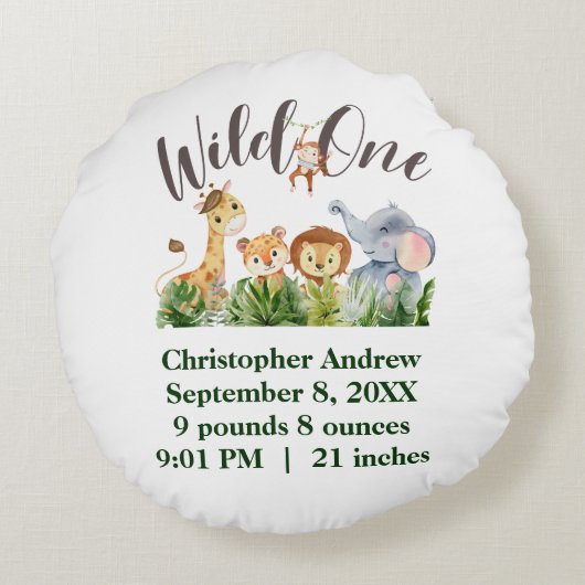 ワイルドワンベビーアニマルジャングルサファリ誕生統計 ラウンドクッション (裏面)