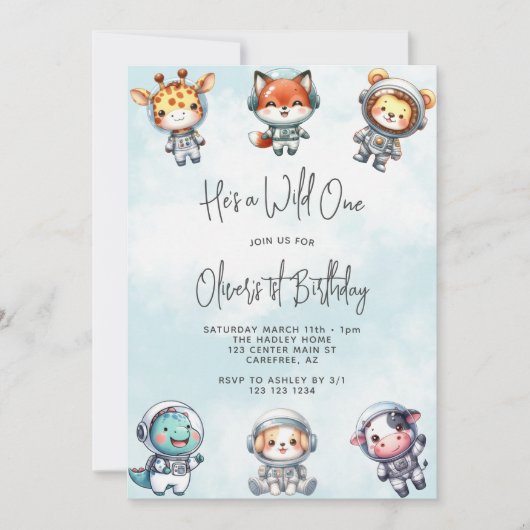 ワイルドワンベビーアニマル宇宙飛行士1歳の誕生日 招待状 (正面)