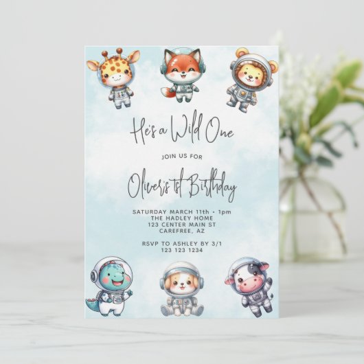 ワイルドワンベビーアニマル宇宙飛行士1歳の誕生日 招待状 (スタンド正面)