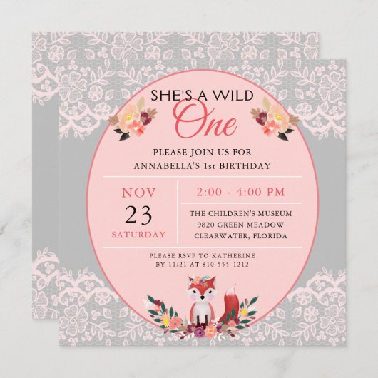 ワイルドワンベビーガールキツネフラワーズ&レース 招待状 (正面/裏面)