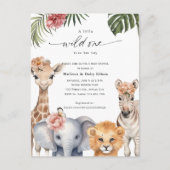 ワイルドワンベビーガールシャワー、可愛いサファリをテーマにした インビテーションポストカード (正面)