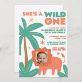 ワイルドワンベビーガールジャングル写真1st誕生日 招待状 (正面/裏面)