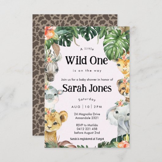 ワイルドワンベビーガール赤ちゃんシャワー 招待状 (正面/裏面)