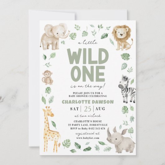 ワイルドワンベビーシャワーサファリアニマルジャングル 招待状 (正面)