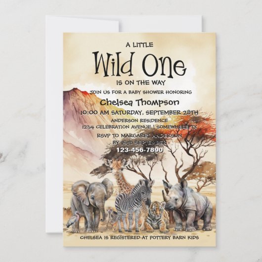 ワイルドワンベビーシャワーサファリ動物 招待状 (正面)