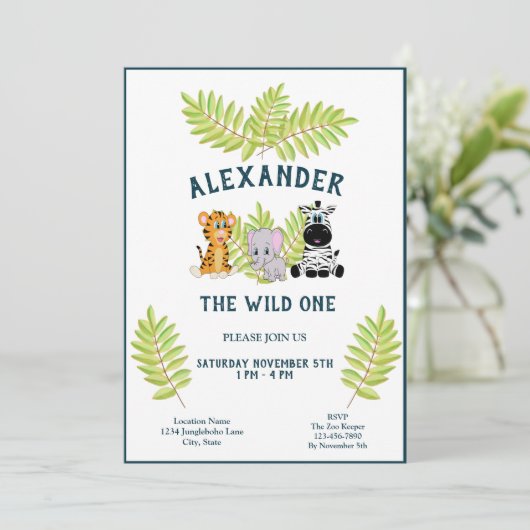 ワイルドワンベビー1歳の誕生日ジャングル動物の少年 招待状 (スタンド正面)