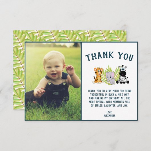 ワイルドワンベビー1th誕生日ジャングル動物の写真 サンキューカード (正面/裏面)