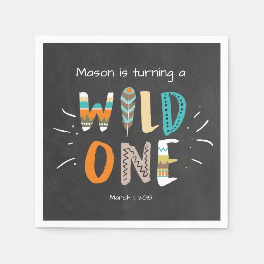 ワイルドワンペーパーナプキントライバルボーイ誕生日羽毛 スタンダードカクテルナプキン (正面)