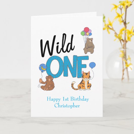 ワイルドワンボーイズファースト誕生日サファリジャングル動物 カード (黄色い花)