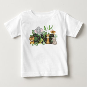ワイルドワンボーイ第1回誕生日ジャングルサファリカワイトベビー ベビーTシャツ