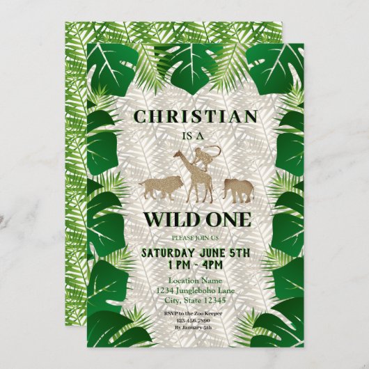 ワイルドワンボーイ第1誕生日サファリジャングル招待状 招待状 (正面/裏面)