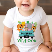ワイルドワンボーイ1歳の誕生日パーソナライズされた動物 ベビーTシャツ