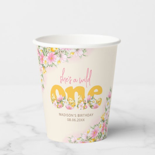 ワイルドワンマスタード&ピンクワイルドフラワー誕生日 紙コップ (正面)