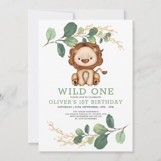 ワイルドワンライオングリーン金ゴールド第1誕生日パーティー 招待状 (正面)