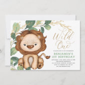 ワイルドワンライオングリーン金ゴールド第1誕生日ボーイ 招待状 (正面)