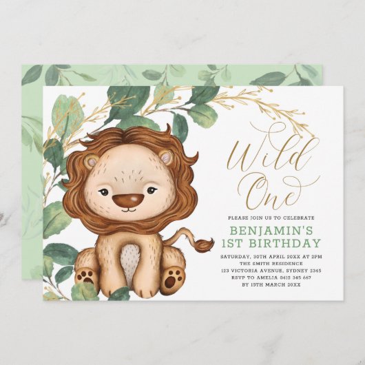 ワイルドワンライオングリーン金ゴールド第1誕生日ボーイ 招待状 (正面/裏面)