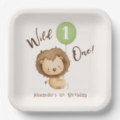 ワイルドワンライオンセージ緑バルーンボーイ第1誕生日 ペーパープレート (正面)