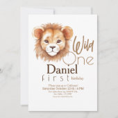 ワイルドワンライオンモダンかわいい1歳の誕生日 招待状 (正面)